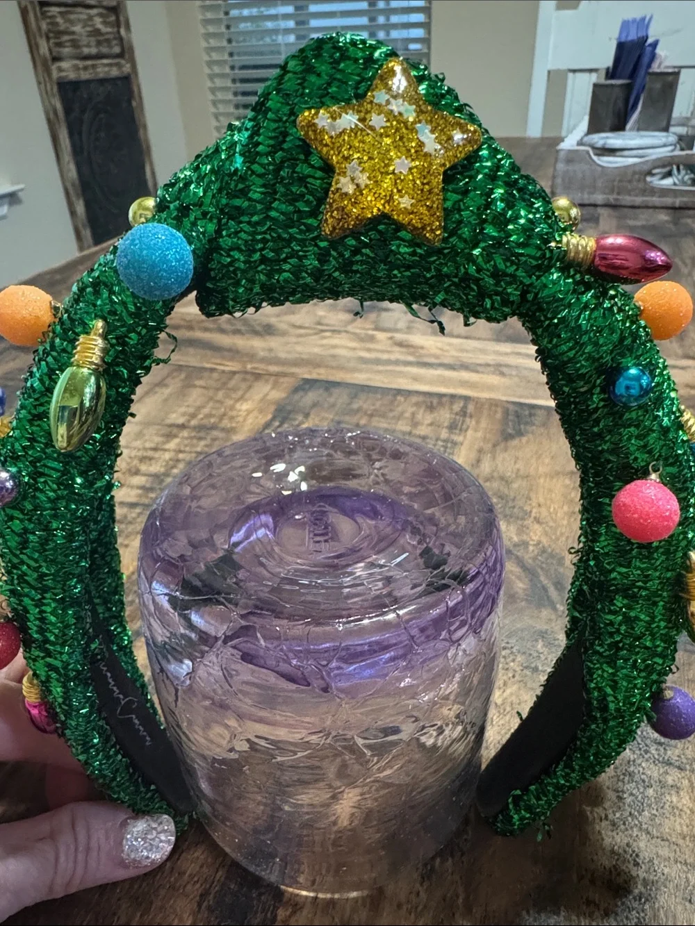 Brianna Cannon Green Holiday Headband with Gold Star and Colorful Ornaments